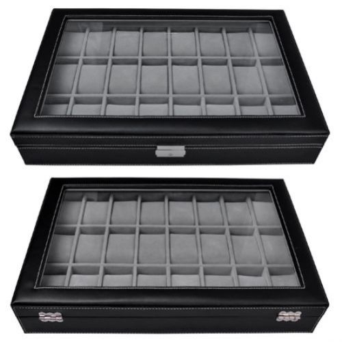Black leather 24 watch display case glass top jewelry box brand new for sale
