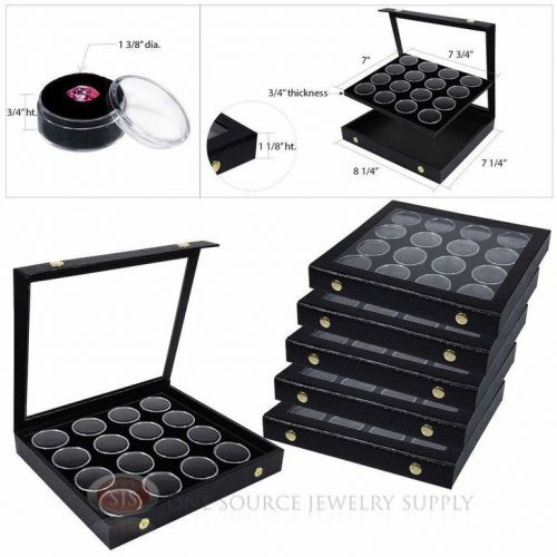 (6) Black 16 Gem Jar Inserts w/ Snap Acrylic Display Cases Gemstone Jewelry