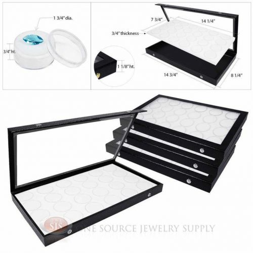 (4) black acrylic snap top display cases w/ white 24 gem jar gemstone inserts for sale
