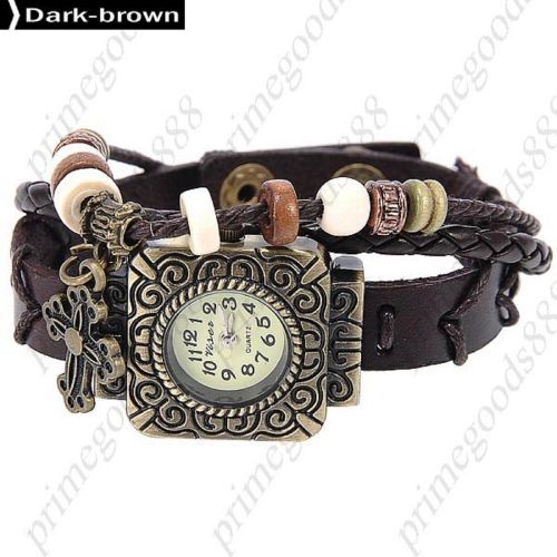 Square Cross PU Leather Analog Quartz Lady Ladies Wristwatch Women&#039;s Dark Brown