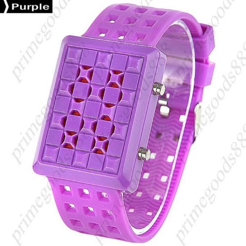 Unisex Red Light LED Digital Wrist Date Grid Hollow Rubber Band in Purple