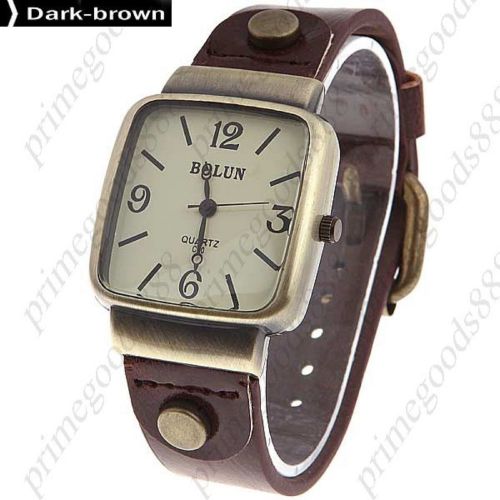 Square Case PU Leather Unisex Quartz Wrist Watch in Dark Brown Free Shipping