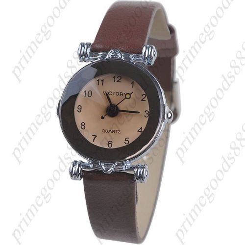 Round Synthetic Leather Band Quartz Lady Wrist Ladies Wristwatch Women&#039;s Brown