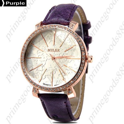 Round Rhinestones PU Leather Quartz Wrist Lady Ladies Wristwatch Women&#039;s Purple