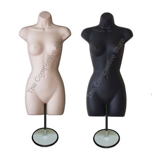 2 Pcs. Black + Flesh Female Mannequin Dress Forms (Hip Long) W/ Base S-M Sizes