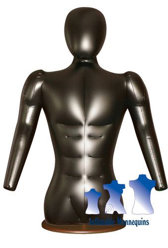 Inflatable Male Torso with Head and Arms, Black with Wood Table Top Stand, Brown