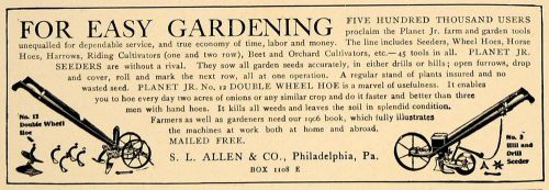 1906 ad gardening machines double wheel hoe s.l. allen - original cl8 for sale