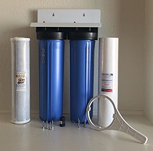 DUAL BIG BLUE WATER FILTERS HOUSING 4.5&#034; X 20&#034; 1&#034;NPT. 1 SEDIMENT &amp; 1 CARBON