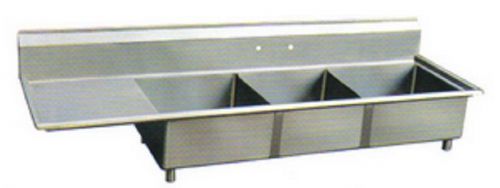 Stainless steel 102.5&#034;deep sink 3 three compartment w left drainboard nsf for sale