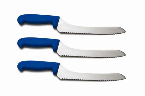 3 Columbia Cutlery Offset Bread Knives-Blue Handle &#034;Sandwich Knives” Brand New!