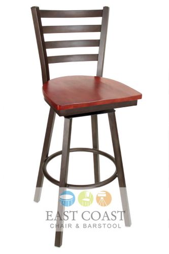 New gladiator rust powder coat ladder back metal swivel bar stool, mahogany seat for sale
