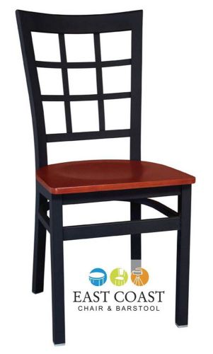 New gladiator window pane metal restaurant chair with cherry wood seat for sale