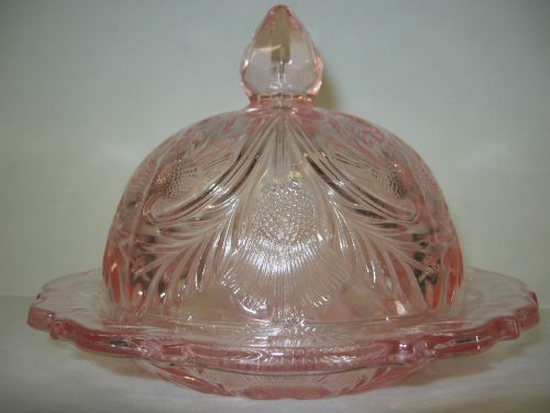 Pink rose Glass inverted thistle Pattern domed / covered Butter dish round pound