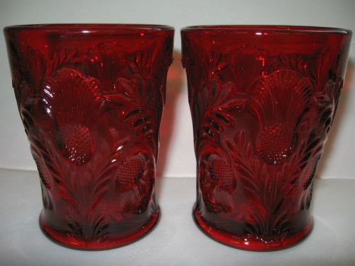 pair of ruby red glass inverted thistle pattern tumblers cups goblets royal set