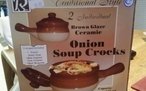 NEW Traditional Lidded French Onion Soup Brown Ceramic Crock Set/2 with Handles