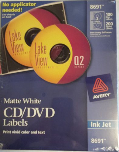 Avery 8691 CD/DVD Inkjet Labels, Permanent Adhesive, 100 Labels/PK, Matte White