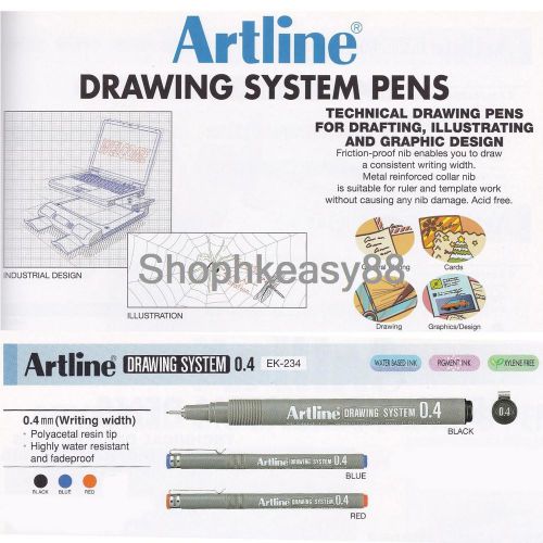 12x Artline EK-234 Technical Drawing System Pens 0.4mm Choose Color Free Ship