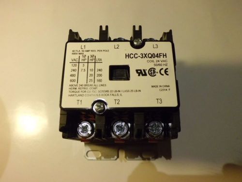 New hartland controls 3 pole contactor hcc-3xq04fh 600v 40fla 50a res coil 24vac for sale