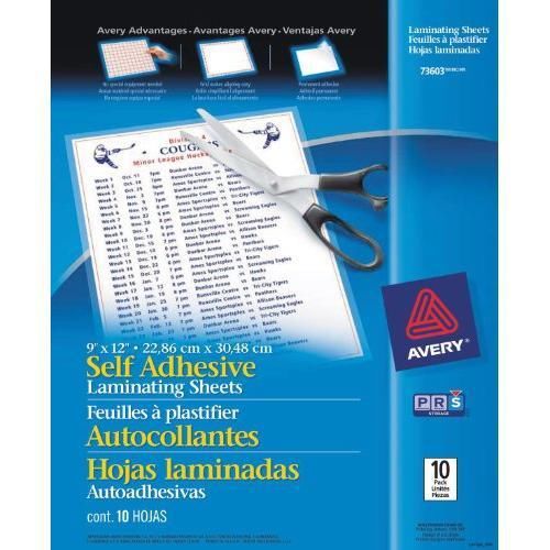 Avery Self-Adhesive Laminating Sheets, 9&#034; x 12&#034;, Pack of 10 (73603) New