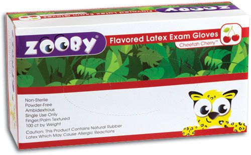 Zooby Cheetah Cherry Flavored Powder Free Latex Exam Gloves 100/box