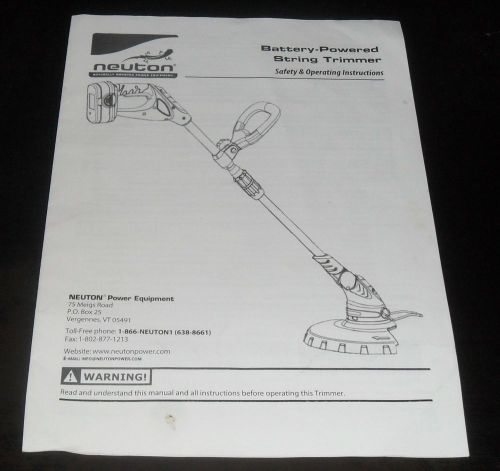Neuton Battery Powered String WeedWhacker Trimmer Replacement Paper Users Manual