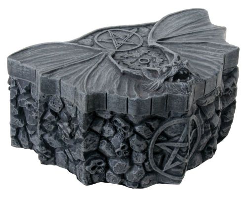 Matte Silver Tone Metal Pentagram Bat Box with Skull Stone Designs