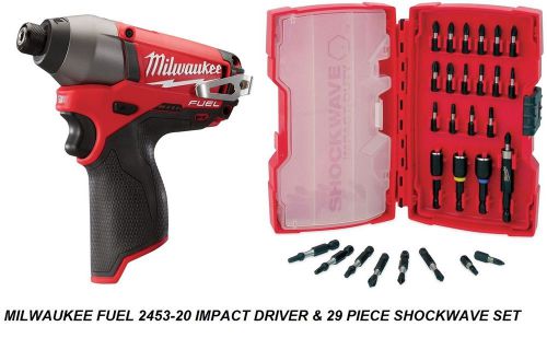 Milwaukee m12 fuel brushless 1/4&#034; hex 2453-20 impact driver &amp; 29pc shockwave set for sale