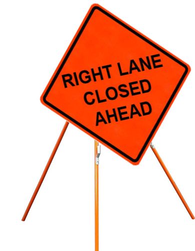 Right Lane Closed Ahead 36&#034; X 36&#034; Vinyl Fluorescent Roll Up Sign &amp; Tripod Stand