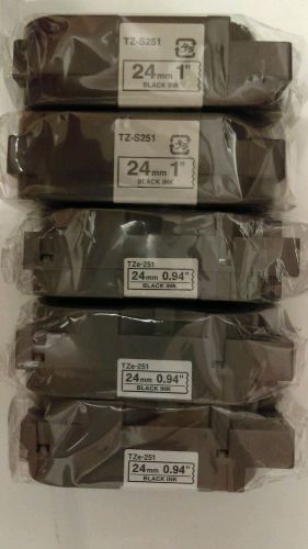 Lot of 5 Tze 251(3) TZ-S251 (2)  Black on White Label  Brother TZ P-Touch 24mm