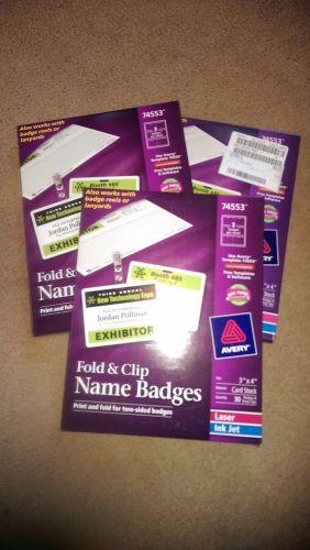 3 Lot Avery Fold &amp; Clip 3&#034;x4&#034;  Name Badges White - AVE74553 Totalling 90 badges