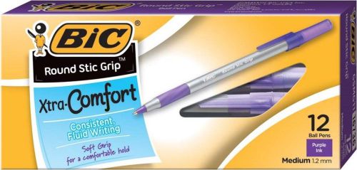 BIC Round Stic Grip Xtra Comfort Ball Pen Medium (1.2 mm) Purple 12-Count