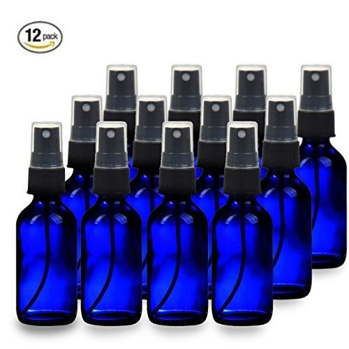 Prextex 12 cobalt blue boston round glass bottle 2 oz with black atomizer for sale