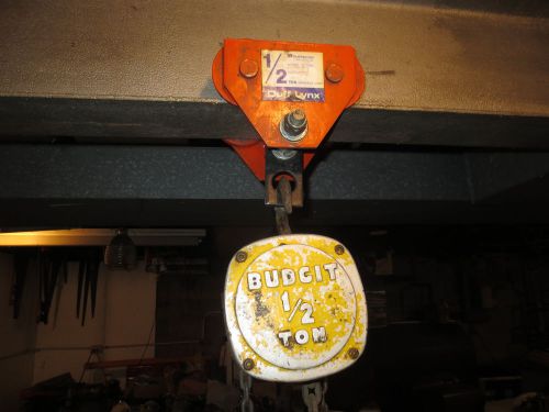BUDGIT 1/2 ton chain hoist 8&#039; lift &amp; DUFF LYNX 1/2 ton trolley shop 1000 lbs