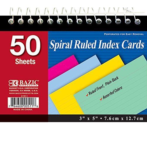 Bazic BAZIC 50 Ct. Spiral Bound 3&#034; X 5&#034; Ruled Colored Index Card, Case of 36
