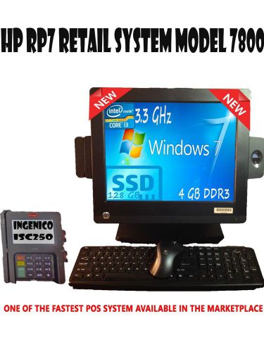 Hp rp7 7800 15&#034;intel i3 3.3ghz4gb 128gb ssd emv/nfc paxs300 or isc250 pinpad pos for sale