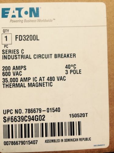 Cutler hammer fd 35k 3 pole 200 amp 600v fd3200l circuit breaker nib for sale