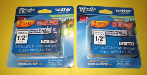 2 twin Packs Brother TZe-1312PK  P-Touch black print on clear tape-sealed