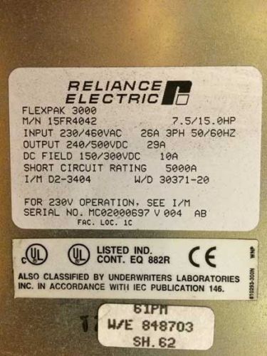 15FR4042 15HP 460V Reliance Used Flexpak 3000 DC Drive XLNT Cond