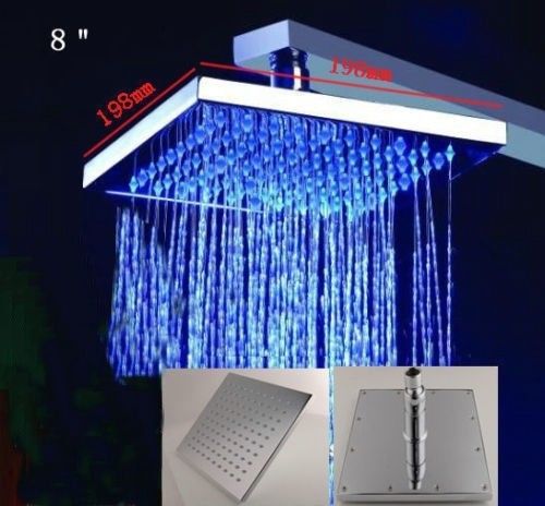 Led changing ceiling/wall mounted 8&#034; chromed brass rainfall bath  shower head for sale