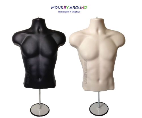 2 Male NUDE + BLACK MANNEQUIN Torso Body Form shirt Display Men + Stand FULL SET