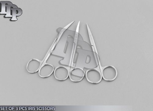 SET OF 3 PCS IRIS SCISSORS 4.5&#034; STAINLESS STEEL STRAIGHT + CURVED+ ANGLED