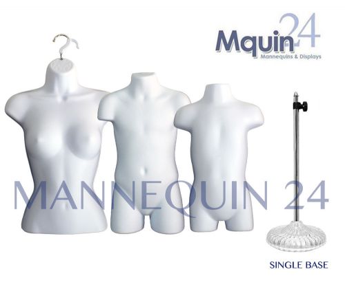 3 MANNEQUINS-FEMALE, CHILD &amp; TODDLER TORSO FORMS in WHITE + 1 STAND +3 HANGERS