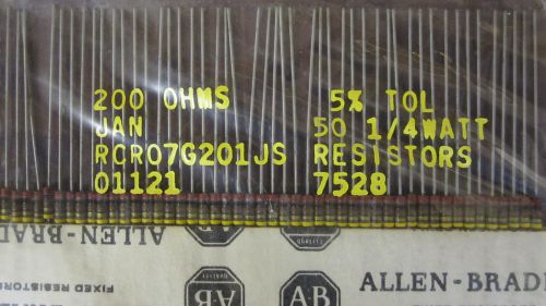 50 Allen Bradley Carbon Comp Resistors  200 OHMS  1/4 watt  5%               NOS