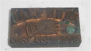 VINTAGE WOOD W/ COPPER FACE PRINTERS BLOCK-IRON-CLAD GLOVES