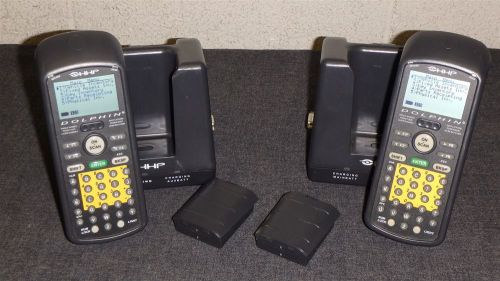 Lot of 2 HHP Dolphin Handheld Pocket Size Barcode Scanner 7200 Charging Stations