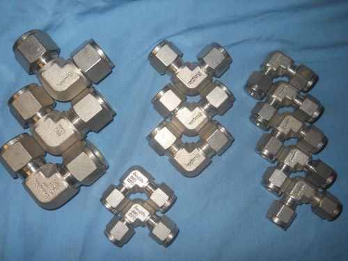 Swagelok lot of 13 ss tube to tube elbow unions 1/4&#034;, 3/8&#034;, 1/2&#034; for sale