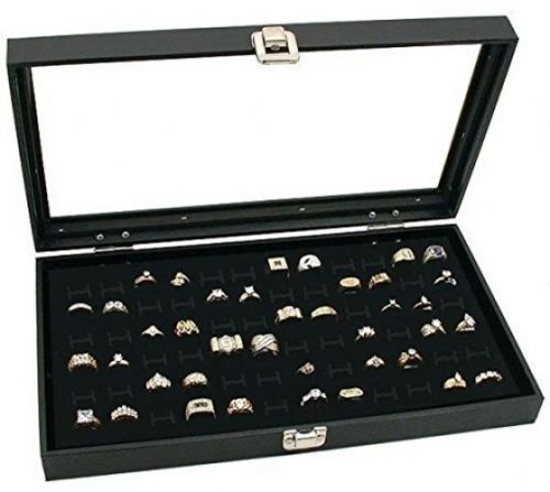 Novel Box Glass Top Black Jewelry Display Case 72 Slot Compartment Ring Tray