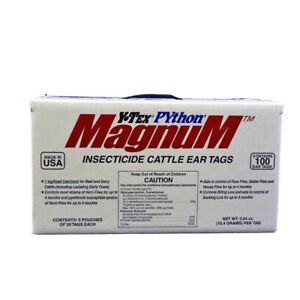 Python Magnum Insecticide Fly Ear Tags 100 Pack Cattle Cows Calf