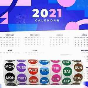 (1 Roll of 500 Stickers) Day of the Week Color-coded Stick Dot Whole Week C3X4