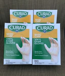 CURAD Vinyl Exam Gloves 100 Per Box. Disposable One Size Fits Most LOT OF 4 NEW